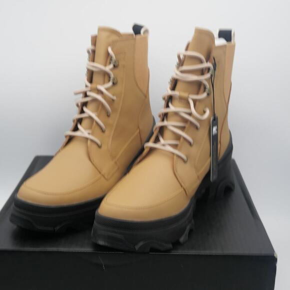 NEW SOREL Brex Lace Up Boot Women's 11 Tawny Brown Black Leather Rain Boot - Picture 1 of 13